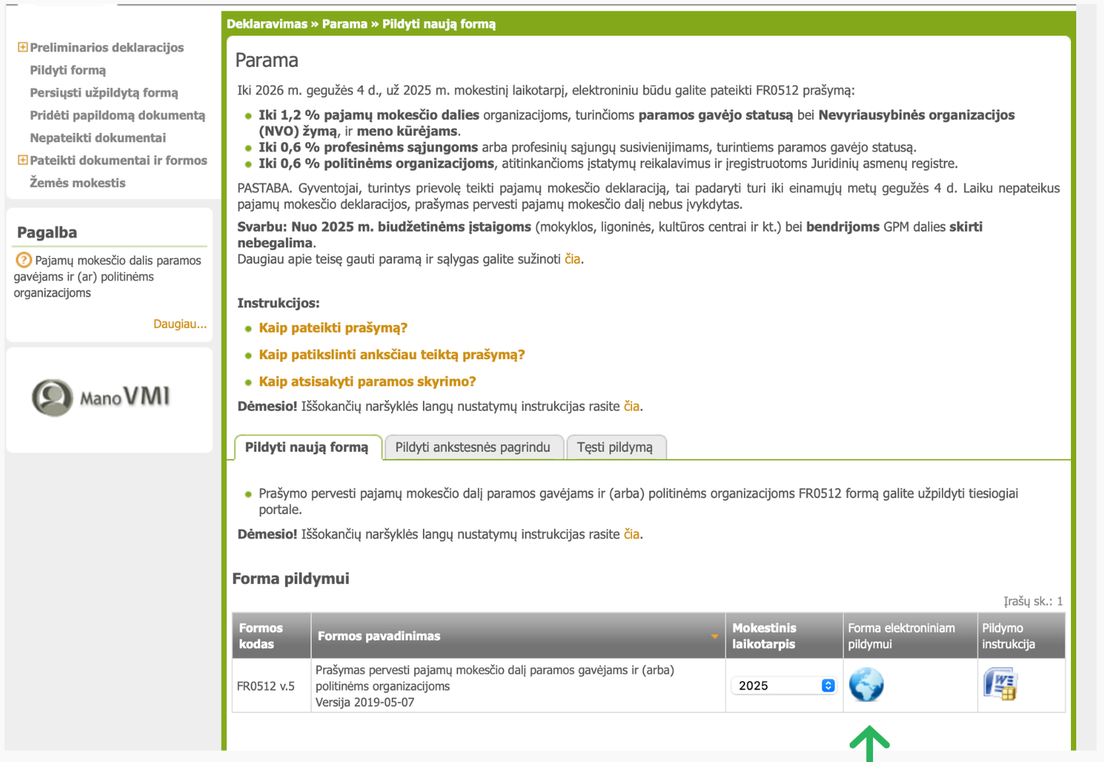 FR0512 formos pasirinkimas EDS sistemoje