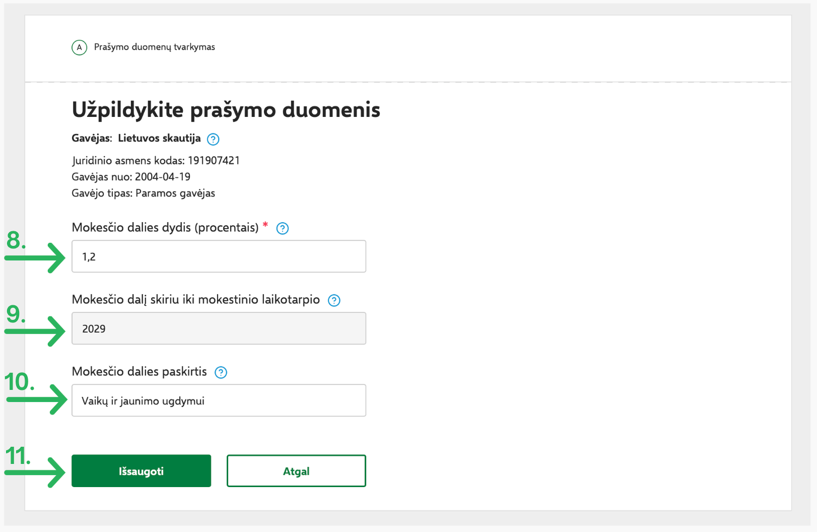 Užpildyto prašymo duomenų langas